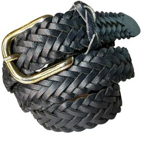 Capezio Vintage Navy Blue Leather Braided Belt Gold Tone Buckle